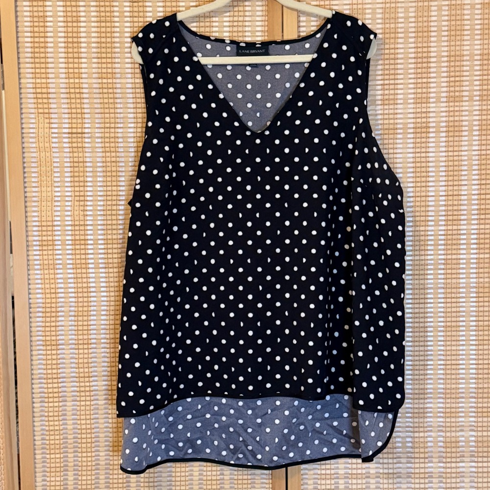 Lane Bryant Black White Polka Dot V-Neck Sleeveless High Low Blouse Top Size 22